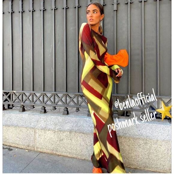 NWT VIRAL ZARA PRINTED MAXI DRESS TULLE BROWN GREEN MULTI - Picture 5 of 16